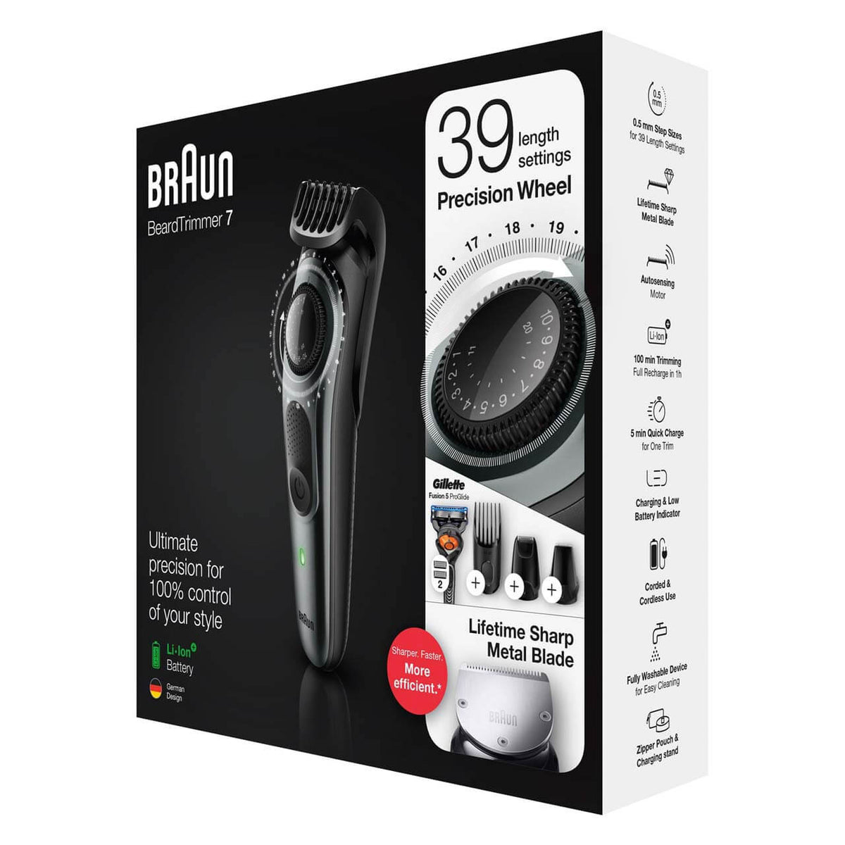 Braun Beard Trimmer 7 for Face and Hair, Black/Grey with precision dial, and Gillette Fusion5 ProGlide razor, BT7240 4210201281245