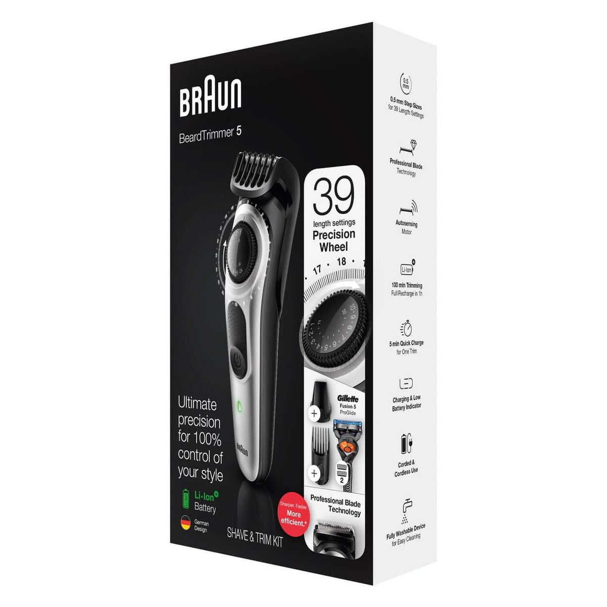 Braun Beard Trimmer 5 for Face and Hair, Black/Silver with precision dial, and Gillette Fusion5 ProGlide razor, BT5260 4210201283546