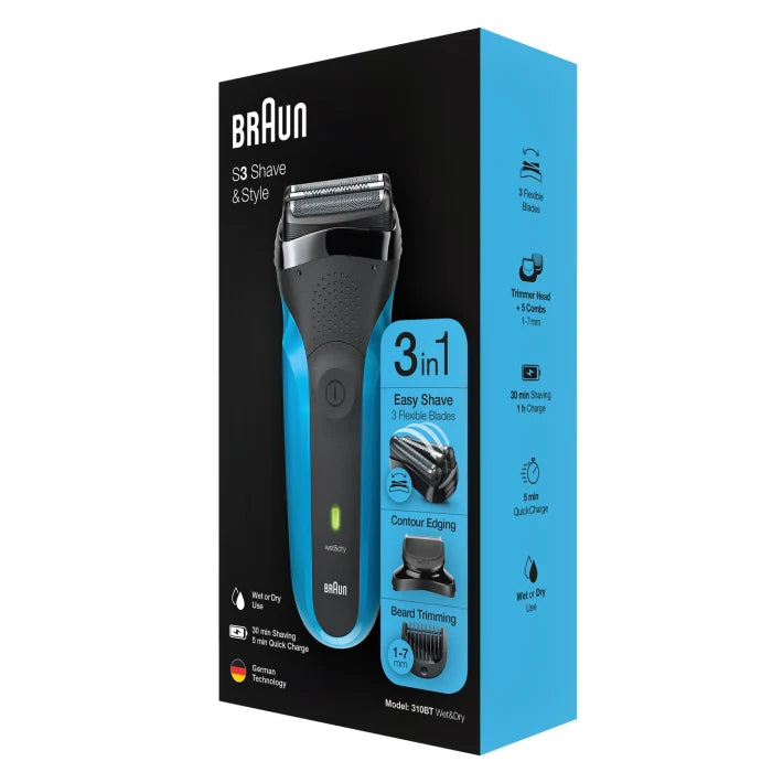 Braun Series 3 Shave & Style 310BT Wet & Dry Shaver with Trimmer head and 5 combs, black / blue 4210201276425