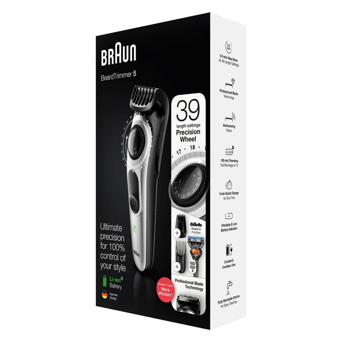 Braun Beard Trimmer 5 for Face and Hair, Black/Silver with precision dial, and Gillette Fusion5 ProGlide razor, BT5265 4210201283584