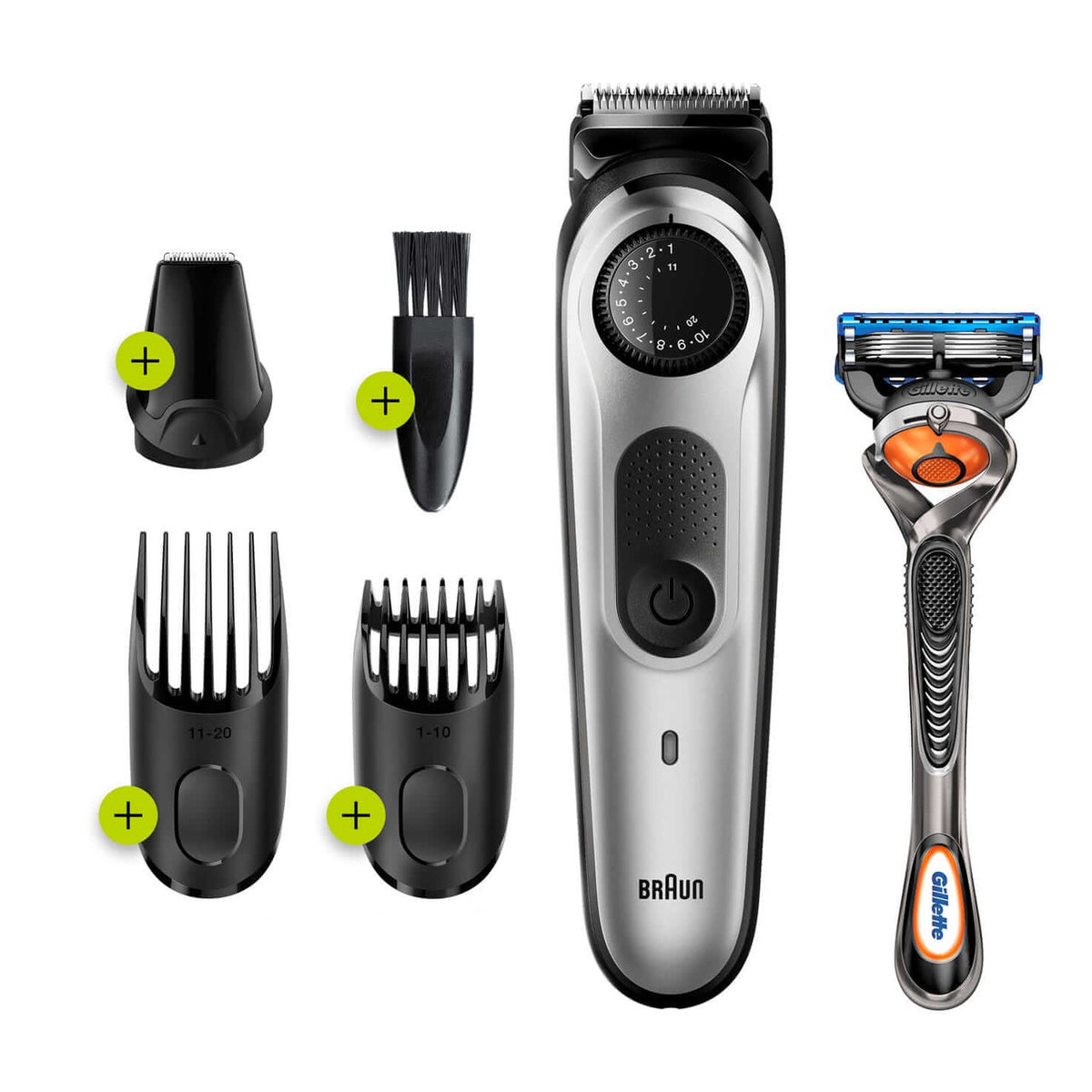 Braun Beard Trimmer 5 for Face and Hair, Black/Silver with precision dial, and Gillette Fusion5 ProGlide razor, BT5260 4210201283546