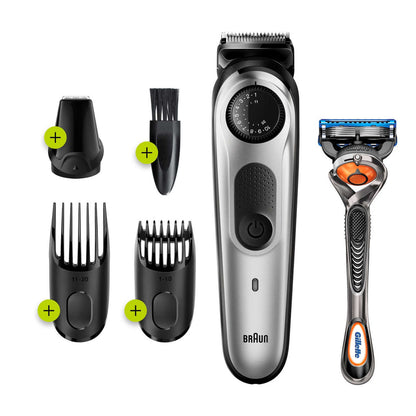 Braun Beard Trimmer 5 for Face and Hair, Black/Silver with precision dial, and Gillette Fusion5 ProGlide razor, BT5260 4210201283546