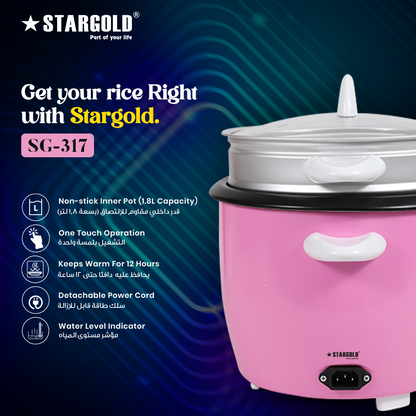 STARGOLD Rice Cooker 1.8 Liter Automatic 700W Multi Cooker 220-240V For Healthy Cooking White, SG-317