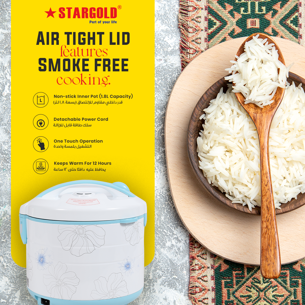 STARGOLD Rice Cooker 1.8 Liter Automatic 700W Multi Cooker 220-240V For Healthy Cooking White, SG-318