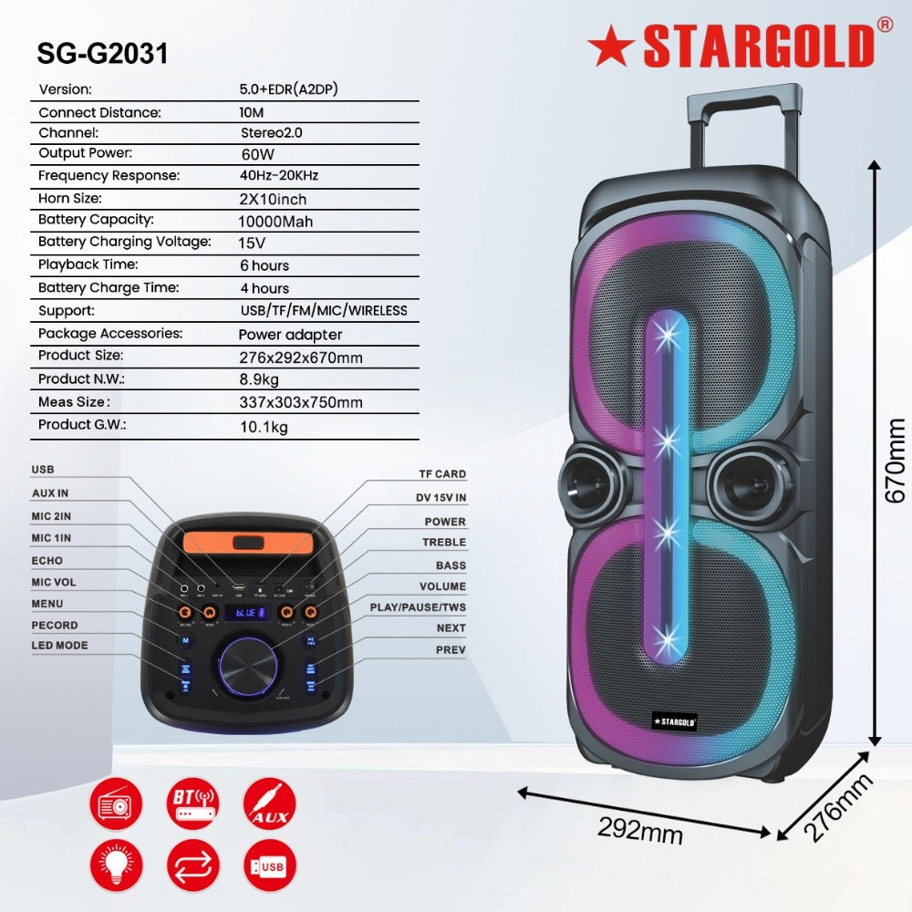 STARGOLD Multimedia Speaker 60W Remote Control Via BT, USB, SD/MMC, SG-G2031 BLACK