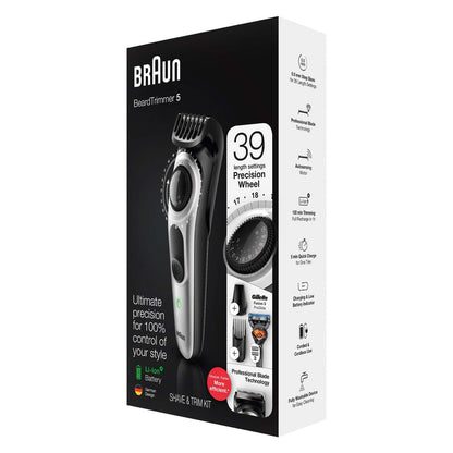 Braun Beard Trimmer 5 for Face and Hair, Black/Silver with precision dial, and Gillette Fusion5 ProGlide razor, BT5260 4210201283546