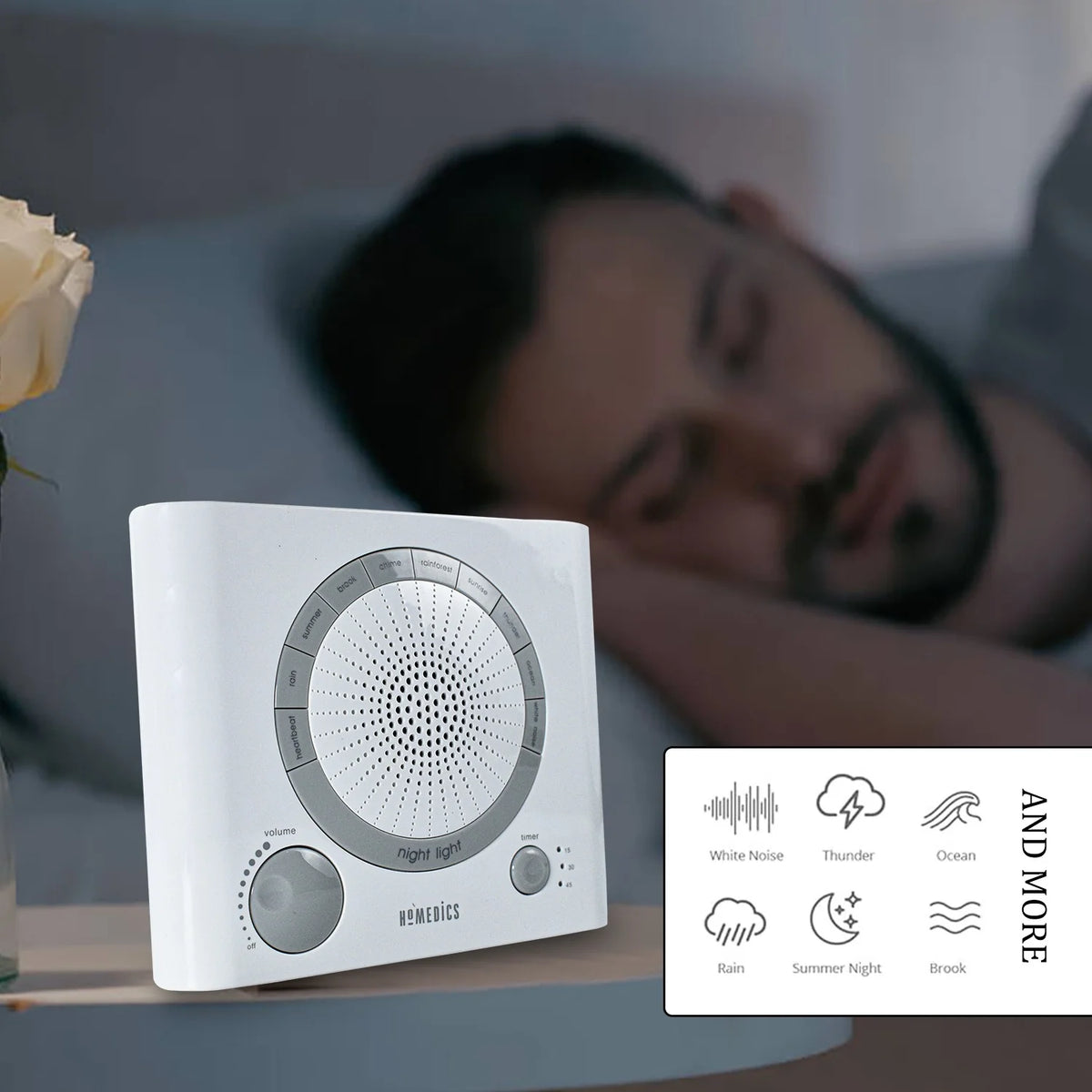 Sleep Therapy Sound Machine with 8 High-Fidelity Soothing Sounds for Sleep, Anxiety, Stress Relief, Battery or Adapter Power, 3 Auto-Off Timer Options