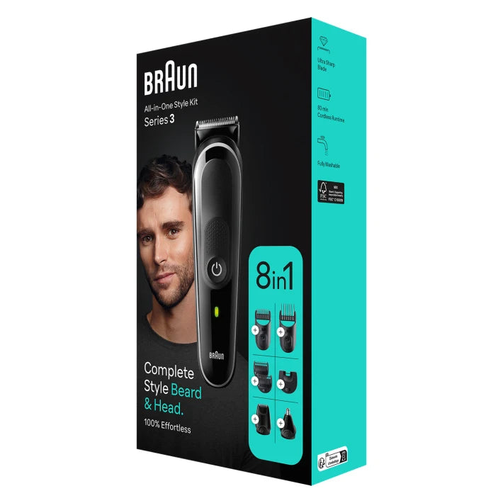 Braun 8-in-1 Style Kit 3 MGK3440 beard, hair. With 80min runtime, pouch, grey 4210201446835
