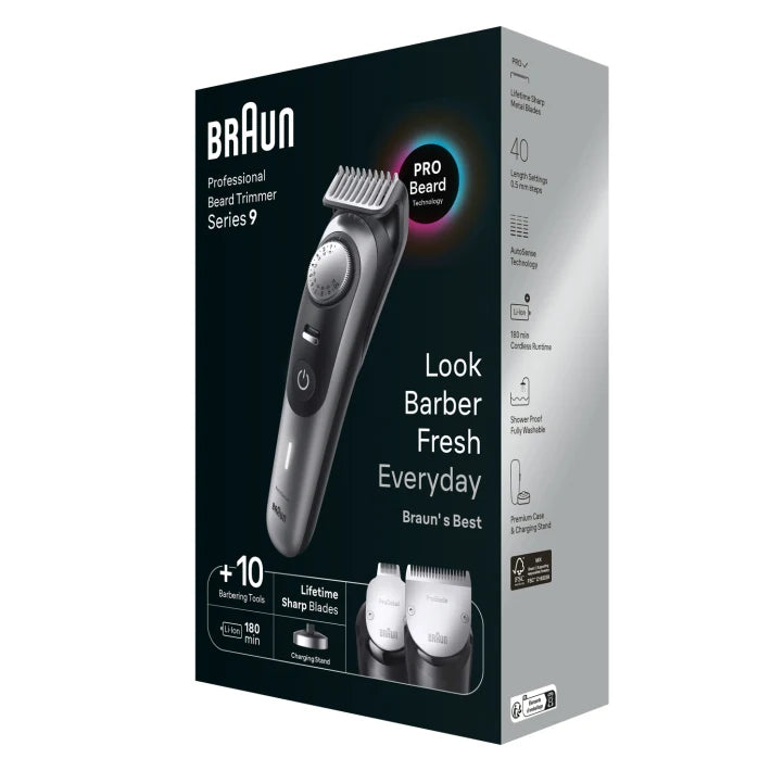 Braun Pro Beard Trimmer 9 BT9420 With ProBlade, ProWheel, Lock, 10 barbering tools, 180min runtime, Grey  4210201448433